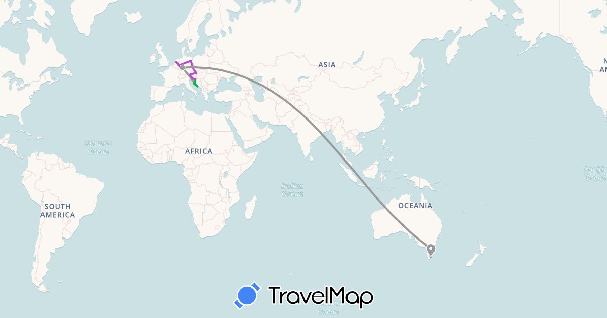 TravelMap itinerary: bus, plane, train, boat in Austria, Australia, Czech Republic, Germany, Croatia, Netherlands, Slovenia (Europe, Oceania)